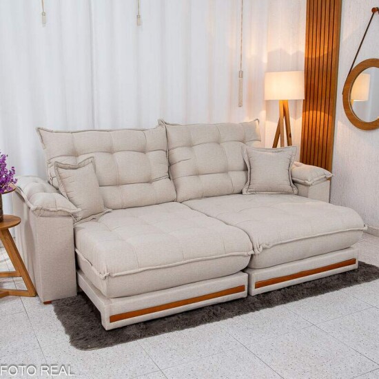 Sof� Retr�til Reclin�vel Barcelona 2.50m Linho Bege 459 C/ 2 Almofadas - D33 e Molas Ensacadas Pocket