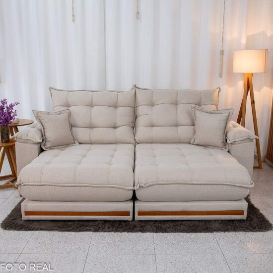 Sof� Retr�til Reclin�vel Barcelona 2.50m Linho Bege 459 C/ 2 Almofadas - D33 e Molas Ensacadas Pocket