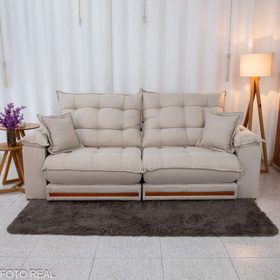 Sof� Retr�til Reclin�vel Barcelona 2.50m Linho Bege 459 C/ 2 Almofadas - D33 e Molas Ensacadas Pocket