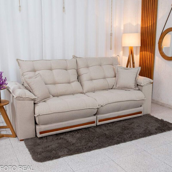 Sof Retrtil Reclinvel Barcelona 2.50m Linho Bege 459 C/ 2 Almofadas - D33 e Molas Ensacadas Pocket