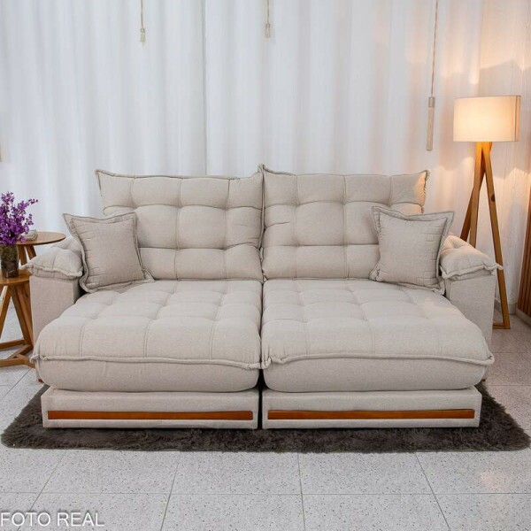 Sof Retrtil Reclinvel Barcelona 2.50m Linho Bege 459 C/ 2 Almofadas - D33 e Molas Ensacadas Pocket