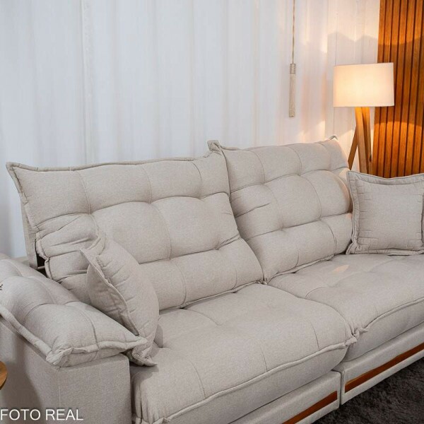 Sof Retrtil Reclinvel Barcelona 2.50m Linho Bege 459 C/ 2 Almofadas - D33 e Molas Ensacadas Pocket