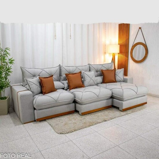 Sof� Retr�til Reclin�vel Gran Bello 3.20m Linho Cinza - Molas Ensacadas