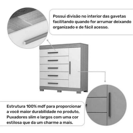 C�moda Rayane 100% MDF com 5 Gavetas e Sapateira Larg. 1.20m Branco ACP