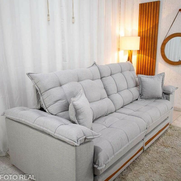 Sof Retrtil Reclinvel Barcelona 2.50m Linho Cinza Claro 461 C/ 2 Almofadas - D33 e Molas Ensacadas Pocket