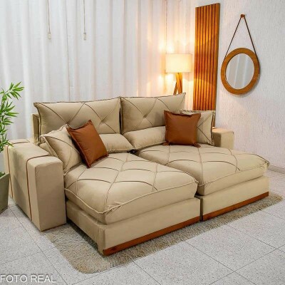 Sof Retrtil Reclinvel Gran Bello 2.30m Veludo Bege Escuro - Molas Ensacadas Pocket