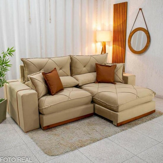 Sof� Retr�til Reclin�vel Gran Bello 2.30m Veludo Bege Escuro - Molas Ensacadas Pocket