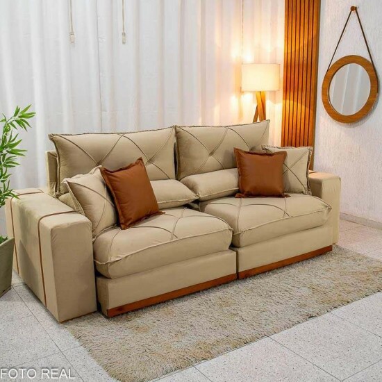 Sof� Retr�til Reclin�vel Gran Bello 2.30m Veludo Bege Escuro - Molas Ensacadas Pocket
