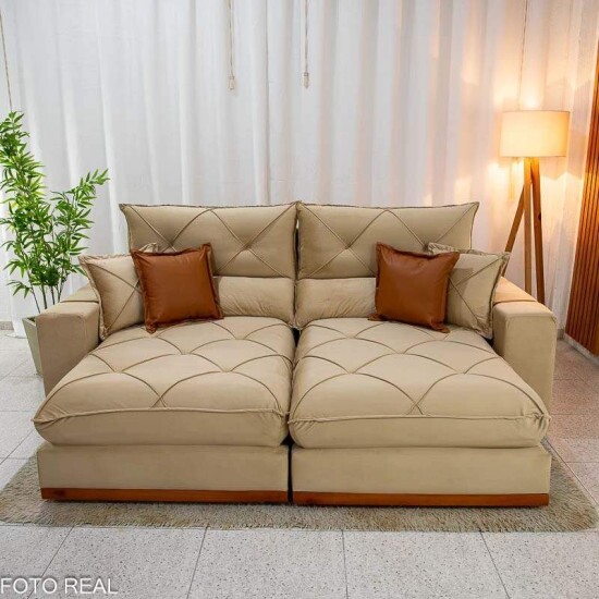 Sof� Retr�til Reclin�vel Gran Bello 2.30m Veludo Bege Escuro - Molas Ensacadas Pocket