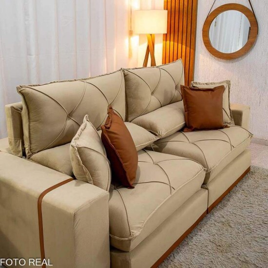 Sof� Retr�til Reclin�vel Gran Bello 2.30m Veludo Bege Escuro - Molas Ensacadas Pocket
