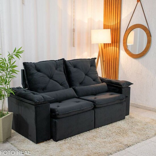 Sof� Retr�til Reclin�vel City 2.00m Veludo Preto - Sem Caixa