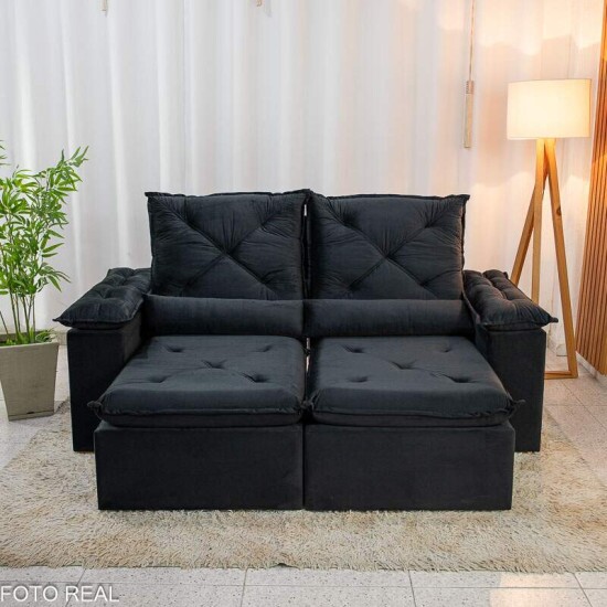 Sof� Retr�til Reclin�vel City 2.00m Veludo Preto - Sem Caixa