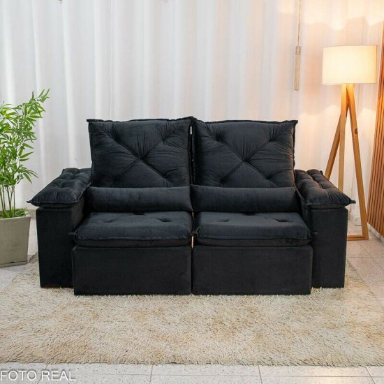 Sof� Retr�til Reclin�vel City 2.00m Veludo Preto - Sem Caixa