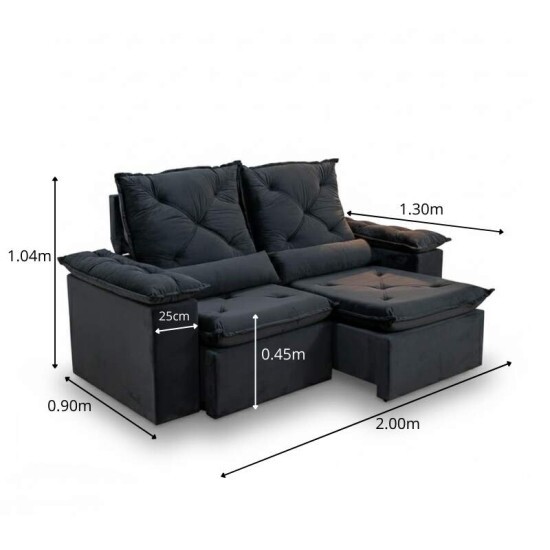 Sof� Retr�til Reclin�vel City 2.00m Veludo Preto - Sem Caixa