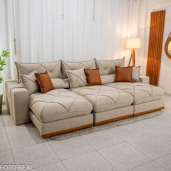 Sof Retrtil Reclinvel Gran Bello 3.20m Linho Bege - Molas Ensacadas