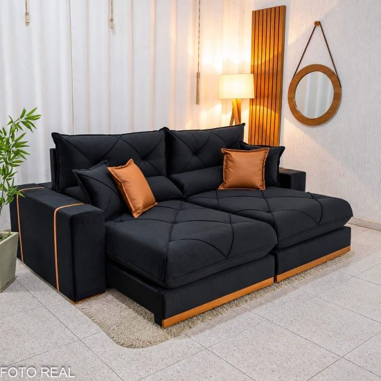 Sof� Retr�til Reclin�vel Gran Bello 2,50m Veludo Preto 21 - Molas Ensacadas