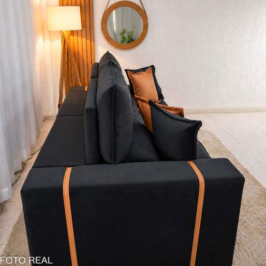 Sof� Retr�til Reclin�vel Gran Bello 2,50m Veludo Preto 21 - Molas Ensacadas