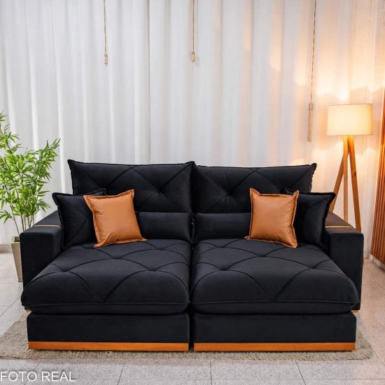 Sof� Retr�til Reclin�vel Gran Bello 2,50m Veludo Preto 21 - Molas Ensacadas