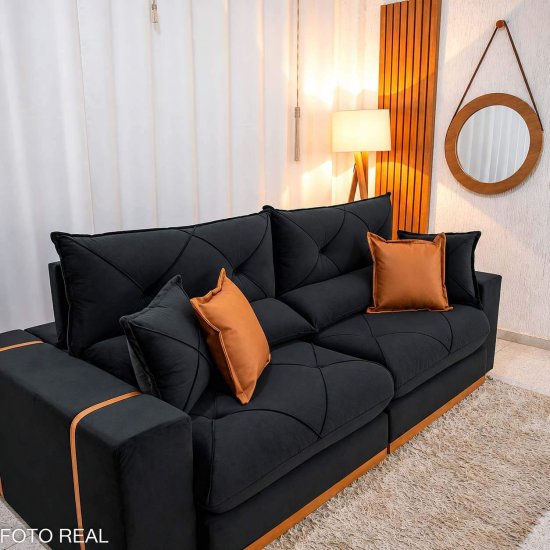 Sof� Retr�til Reclin�vel Gran Bello 2,50m Veludo Preto 21 - Molas Ensacadas