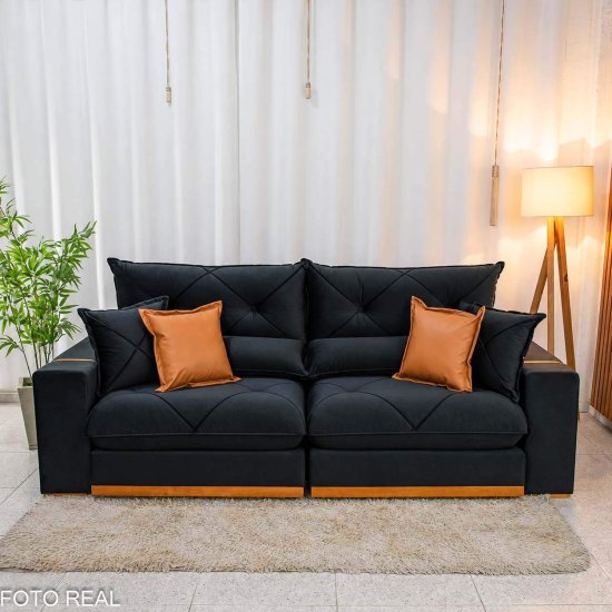 Sof� Retr�til Reclin�vel Gran Bello 2,50m Veludo Preto 21 - Molas Ensacadas