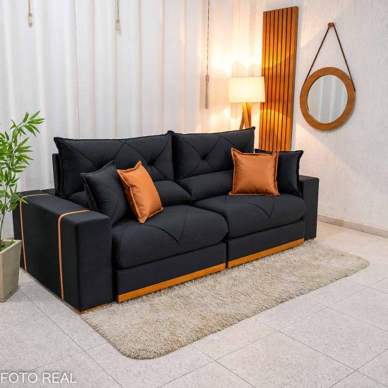 Sof� Retr�til Reclin�vel Gran Bello 2,50m Veludo Preto 21 - Molas Ensacadas