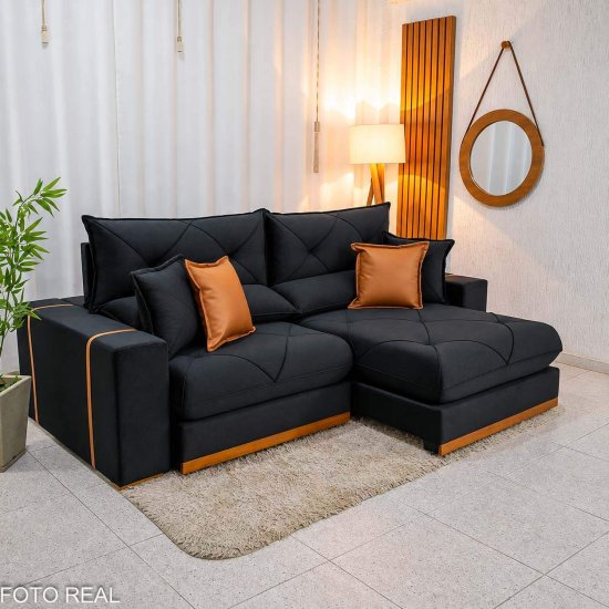 Sof� Retr�til Reclin�vel Gran Bello 2,50m Veludo Preto 21 - Molas Ensacadas