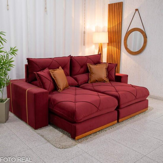 Sof� Retr�til Reclin�vel Gran Bello 2,30m Veludo Vinho 04 - Molas Ensacadas