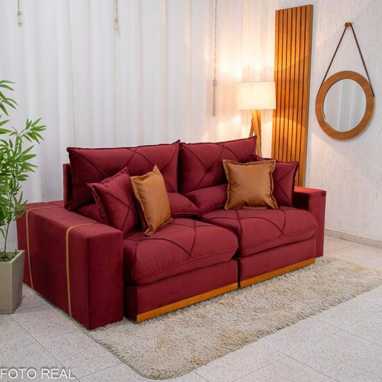 Sof� Retr�til Reclin�vel Gran Bello 2,30m Veludo Vinho 04 - Molas Ensacadas