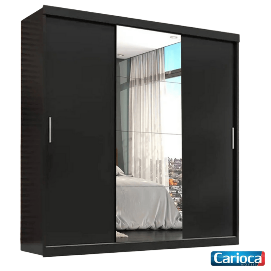 Guarda-Roupa Casal Veneza 3 Portas com Espelho Preto Larg. 1.88m - Carioca