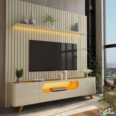 Rack Nobre Off/Naturale Larg. 2.10m + Painel Nobre Off Ripado C/ Led 100% MDF TV at 85 Polegadas Larg. 2.30m - Gelius