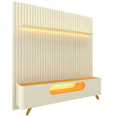 Rack Nobre Off/Naturale Larg. 2.10m + Painel Nobre Off Ripado C/ Led 100% MDF TV at 85 Polegadas Larg. 2.30m - Gelius