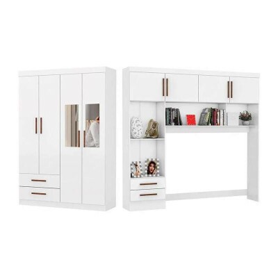 Modulado 4 Portas Branco + Roupeiro Solteiro Hercules Branco 04 Portas 02 Gavetas C/Espelho e Ps Larg. 1.18m - Carioca