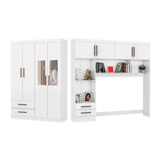 Modulado 4 Portas Branco + Roupeiro Solteiro Hercules Branco 04 Portas 02 Gavetas C/Espelho e P�s Larg. 1.18m - Carioca