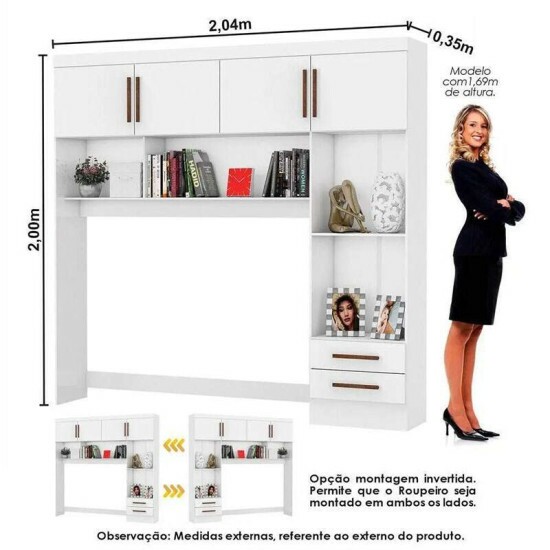 Modulado 4 Portas Branco + Roupeiro Solteiro Hercules Branco 04 Portas 02 Gavetas C/Espelho e P�s Larg. 1.18m - Carioca