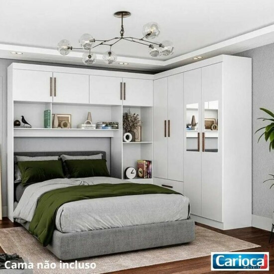 Modulado 4 Portas Branco + Roupeiro Solteiro Hercules Branco 04 Portas 02 Gavetas C/Espelho e P�s Larg. 1.18m - Carioca
