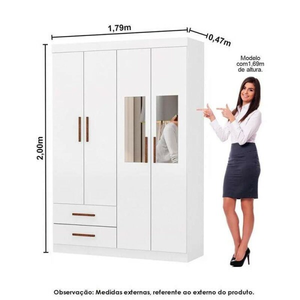 Modulado 4 Portas Branco + Roupeiro Solteiro Hercules Branco 04 Portas 02 Gavetas C/Espelho e Ps Larg. 1.18m - Carioca