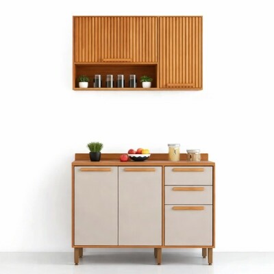 Balc�o de Cozinha 1,20m Fl�rida Cinamomo/Off + A�reo Ripado 1,20m Fl�rida Cinamomo/Off com Porta Basculante - Sall�to