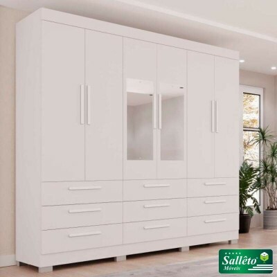 Roupeiro Dinamarca Branco C/Espelho 6 Portas 9 Gavetas C/ps Larg. 1.80m - Sallto