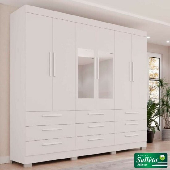 Guarda-roupa Casal Dinamarca Branco C/Espelho 6 Portas 9 Gavetas C/ps Larg. 1.80m - Sallto