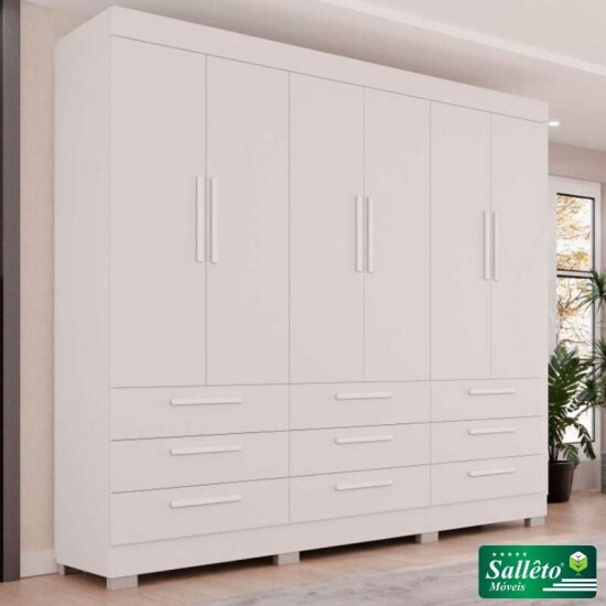 Guarda-roupa Casal Dinamarca Branco 6 Portas 9 Gavetas C/ps Larg. 1.80m - Sallto