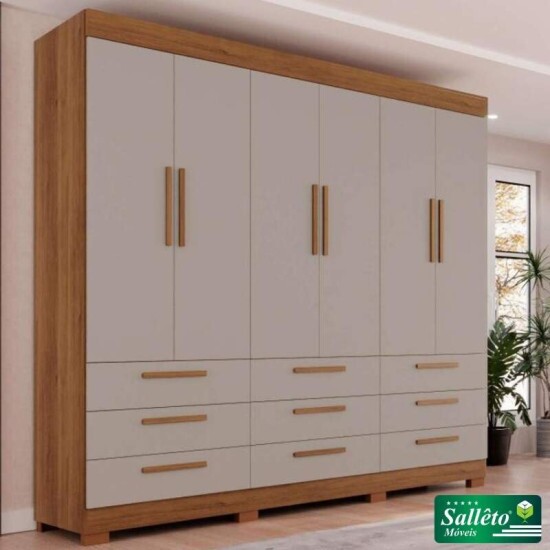 Guarda-roupa Casal Dinamarca Cinamomo/Off 6 Portas 9 Gavetas C/ps Larg. 1.80m - Sallto