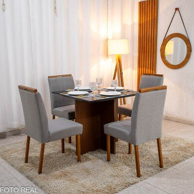 Mesa de Jantar Helo 9090 Tampo MDF Vidro Preto 4 Cad. Isabela Linho Cinza 05 Madeira Macia