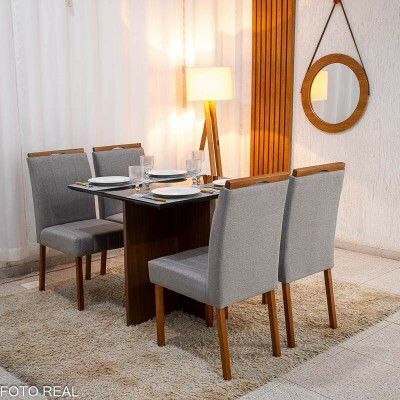 Mesa de Jantar Helo 9090 Tampo MDF Vidro Preto 4 Cad. Isabela Linho Cinza 05 Madeira Macia