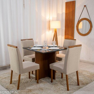 Mesa de Jantar Helo 9090 Tampo MDF Vidro Preto 4 Cad. Isabela Linho Bege 01 Madeira Macia