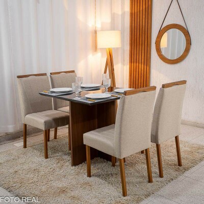 Mesa de Jantar Helo 9090 Tampo MDF Vidro Preto 4 Cad. Isabela Linho Bege 01 Madeira Macia