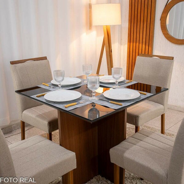 Mesa de Jantar Helo 9090 Tampo MDF Vidro Preto 4 Cad. Isabela Linho Bege 01 Madeira Macia