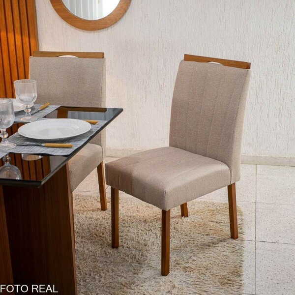 Mesa de Jantar Helo 9090 Tampo MDF Vidro Preto 4 Cad. Isabela Linho Bege 01 Madeira Macia