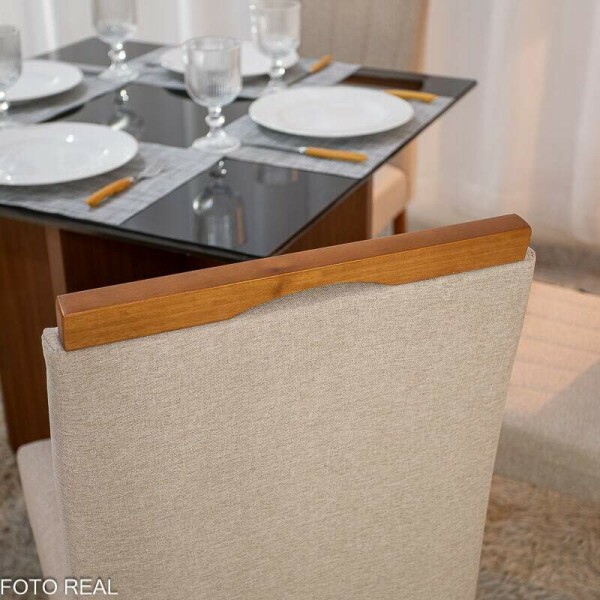 Mesa de Jantar Helo 9090 Tampo MDF Vidro Preto 4 Cad. Isabela Linho Bege 01 Madeira Macia