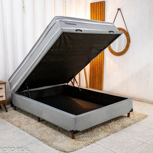 Box Ba Casal Carioca Sued Cinza Blindado + Colcho Casal Tiradentes Linho Cinza 138x188x64 Molas Ensacadas | Suporta at 220kg