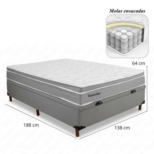 Box Ba Casal Carioca Sued Cinza Blindado + Colcho Casal Tiradentes Linho Cinza 138x188x64 Molas Ensacadas | Suporta at 220kg